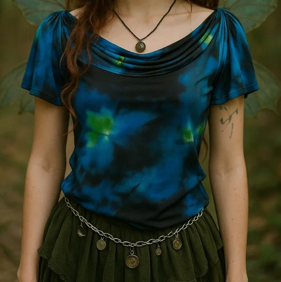 Y2K Tie Dye Cowl Neck Top | Fairy Grunge Flutter Sleeve | Size Small - Picture 1 of 14
